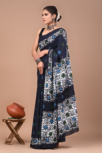 Printed Pure Cotton Mulmul Saree With Blouse