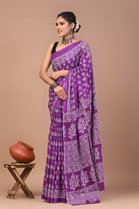 Printed Pure Cotton Mulmul Saree With Blouse