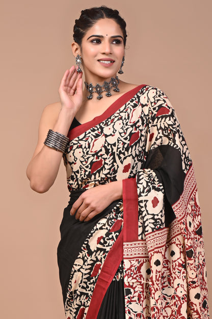 Printed Pure Cotton Mulmul Saree With Blouse