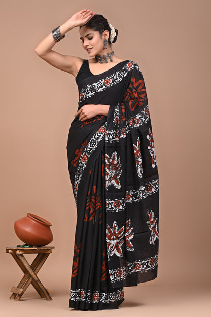 Printed Pure Cotton Mulmul Saree With Blouse