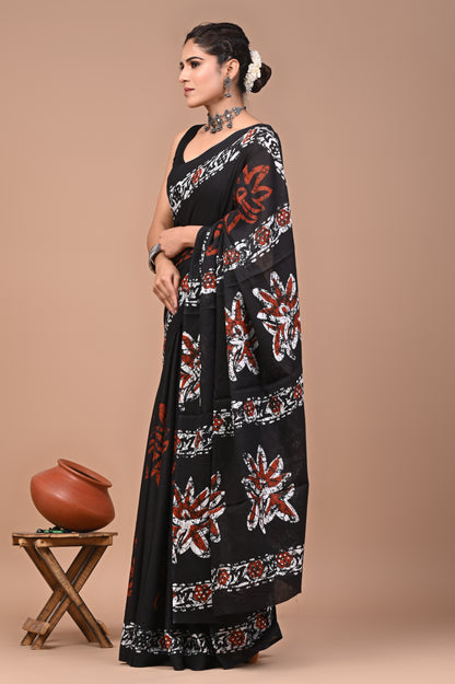 Printed Pure Cotton Mulmul Saree With Blouse