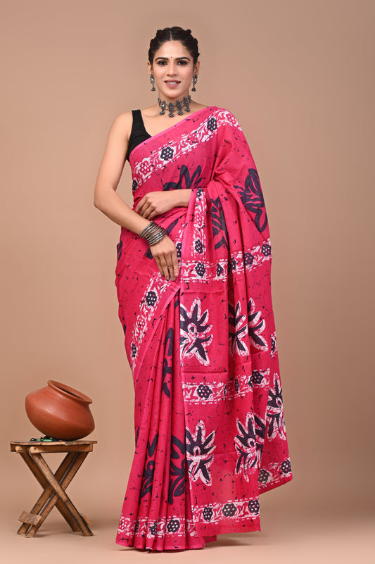 Printed Pure Cotton Mulmul Saree With Blouse