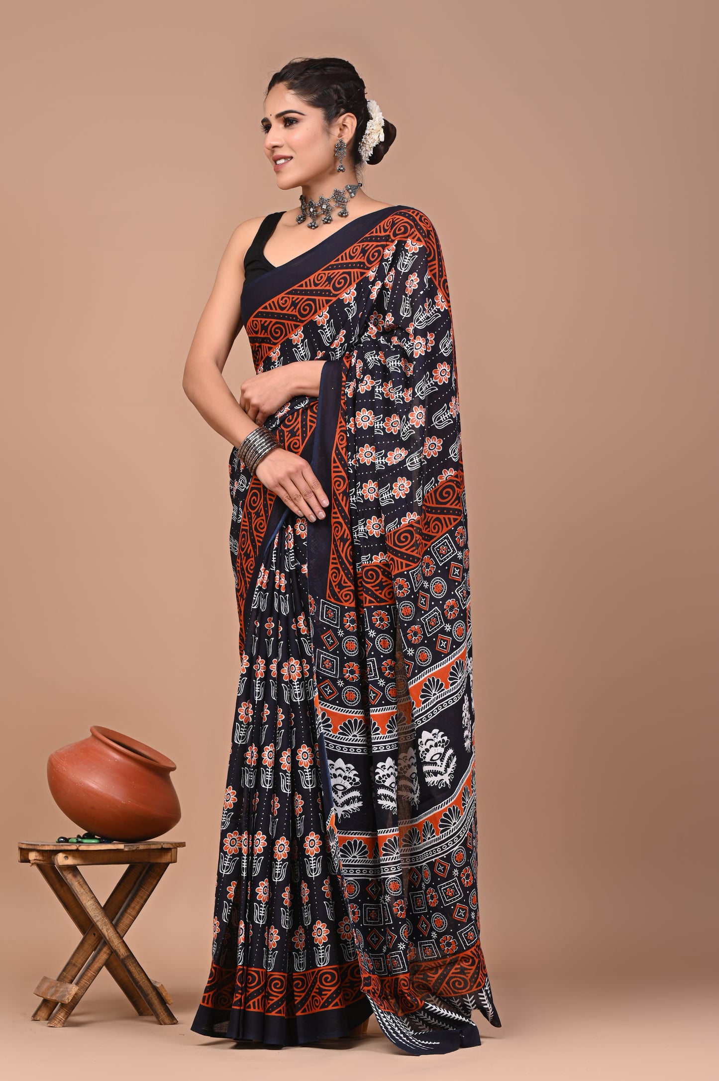 Printed Pure Cotton Mulmul Saree With Blouse