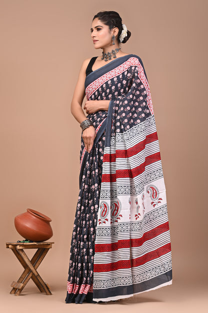 Printed Pure Cotton Mulmul Saree With Blouse