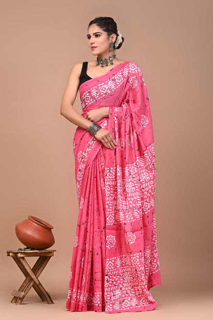 Printed Pure Cotton Mulmul Saree With Blouse