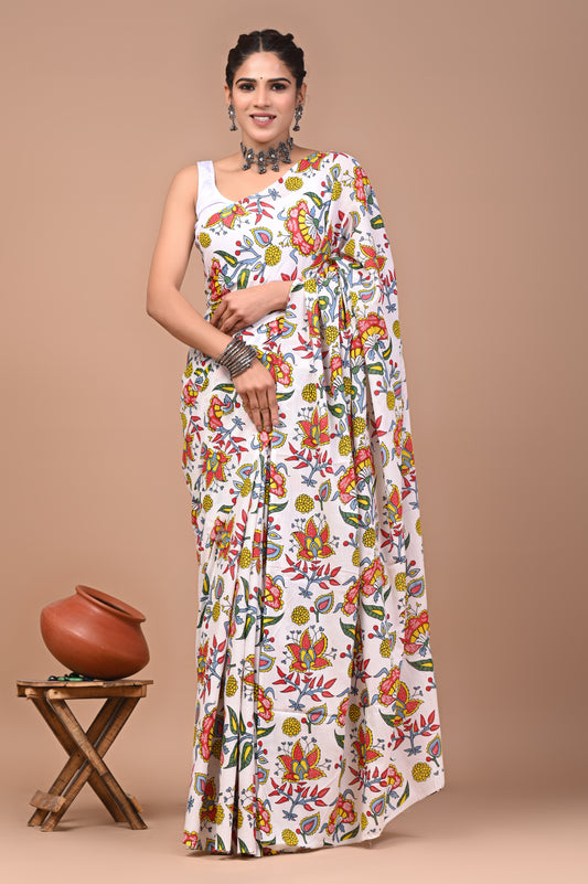 Printed Pure Cotton Mulmul Saree With Blouse