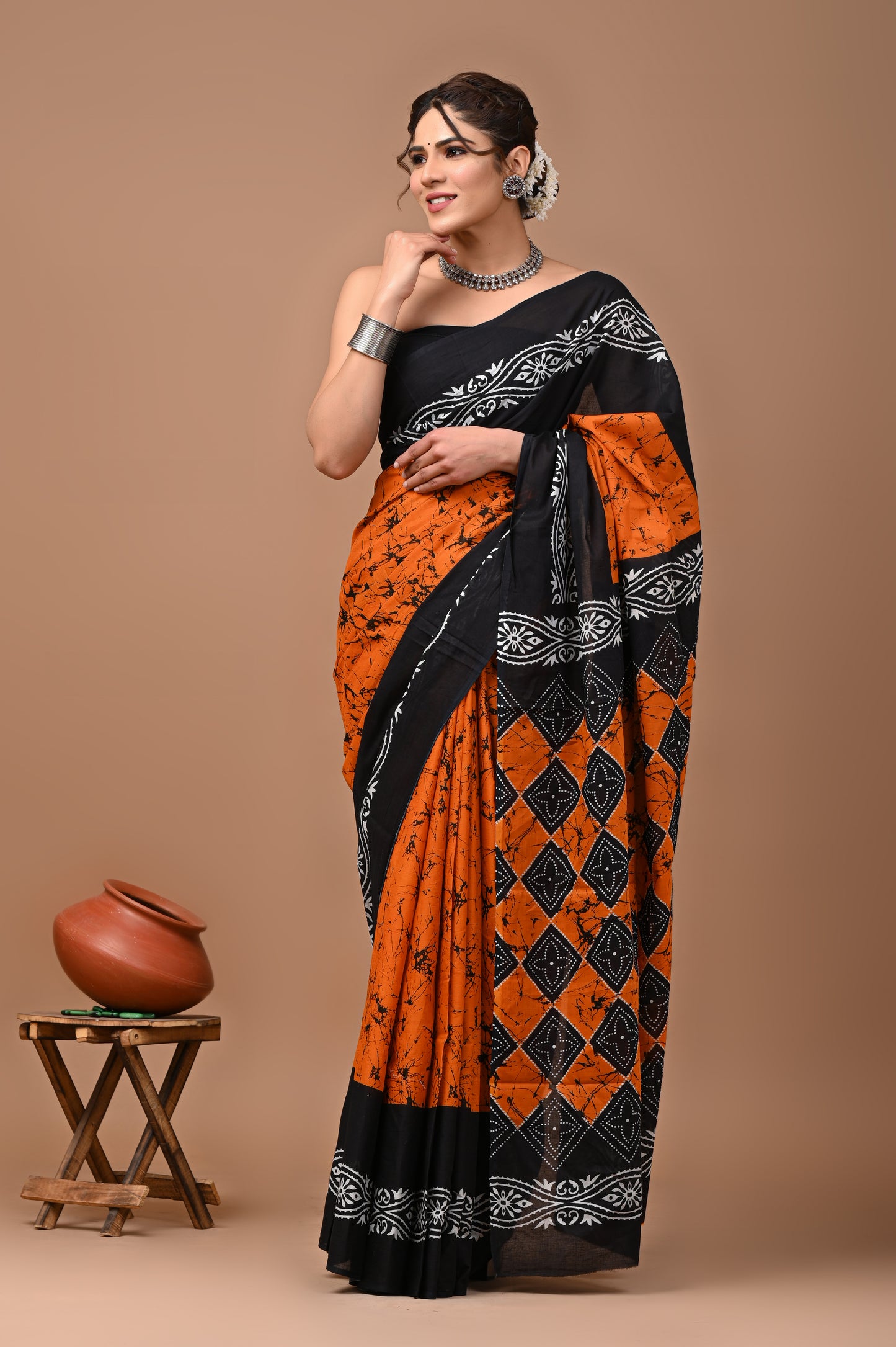 Jaipuri Printed Pure Cotton Mulmul Saree With Blouse