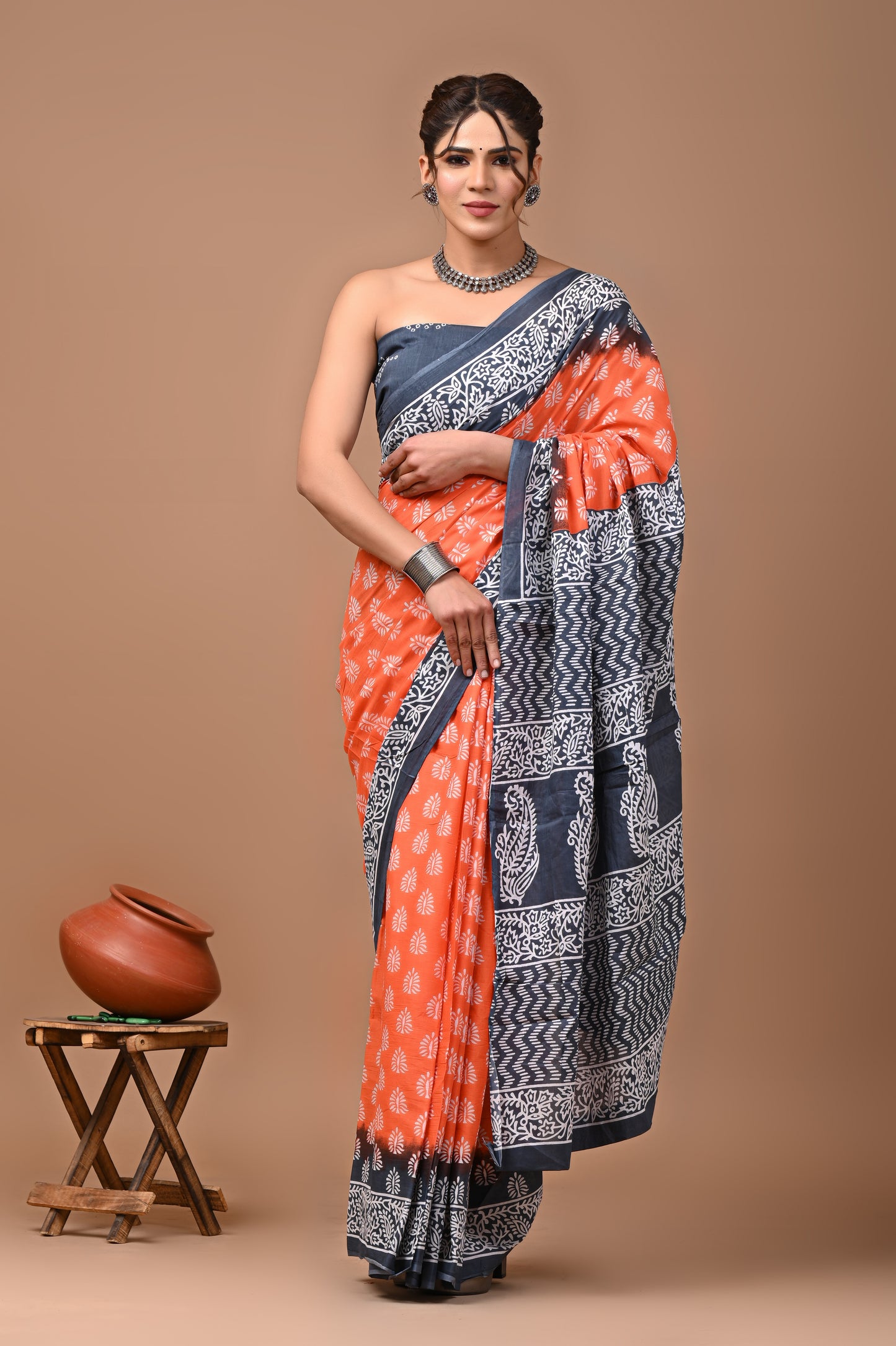 Jaipuri Printed Pure Cotton Mulmul Saree With Blouse