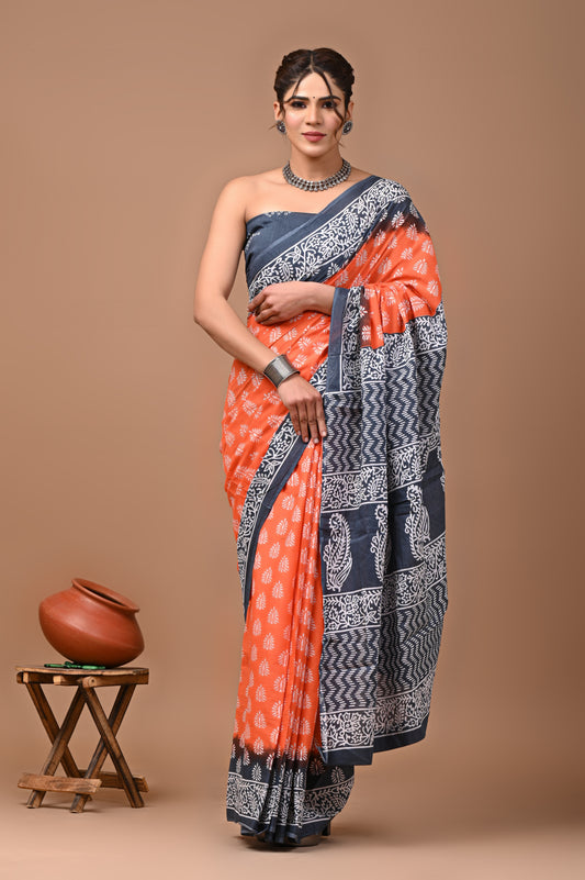 Jaipuri Printed Pure Cotton Mulmul Saree With Blouse