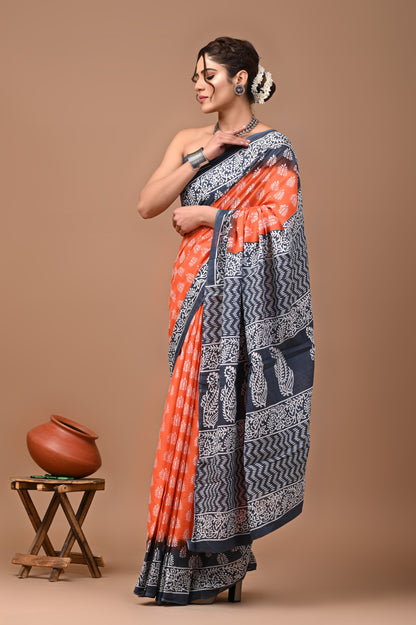 Jaipuri Printed Pure Cotton Mulmul Saree With Blouse