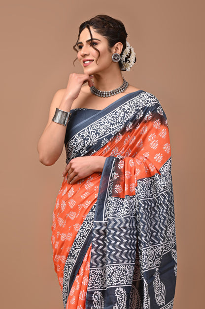 Jaipuri Printed Pure Cotton Mulmul Saree With Blouse