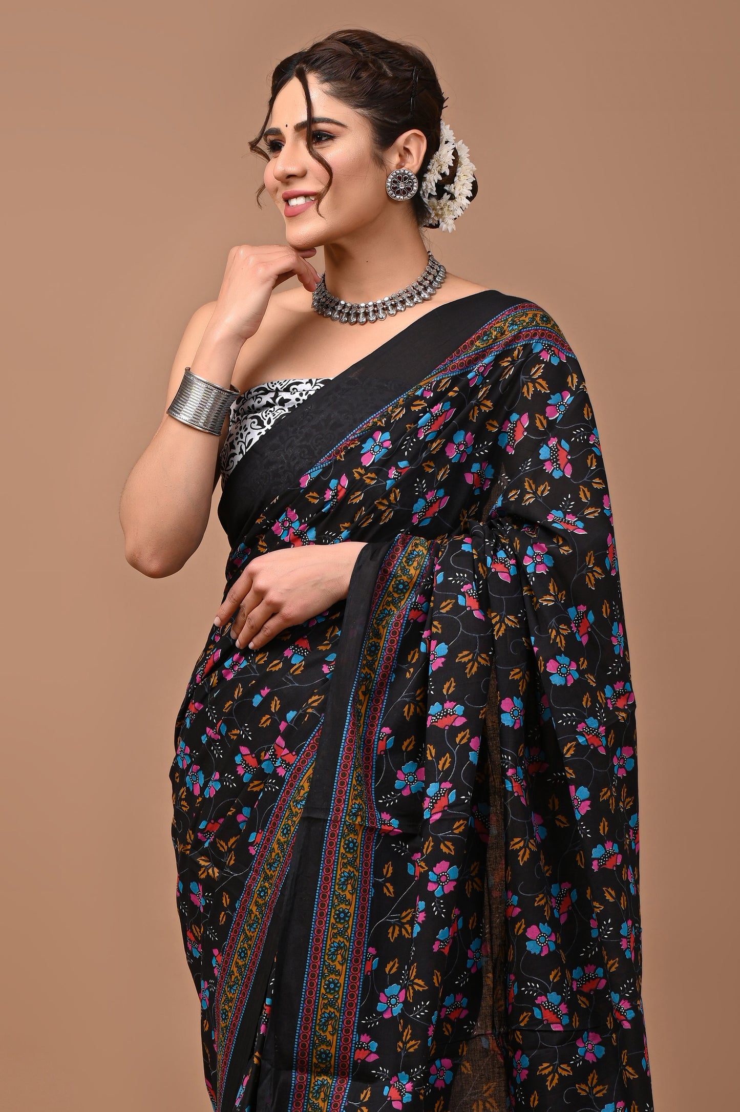 Jaipuri Printed Pure Cotton Mulmul Saree With Blouse