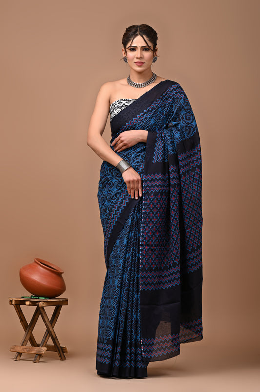 Jaipuri Printed Pure Cotton Mulmul Saree With Blouse