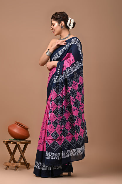 Jaipuri Printed Pure Cotton Mulmul Saree With Blouse