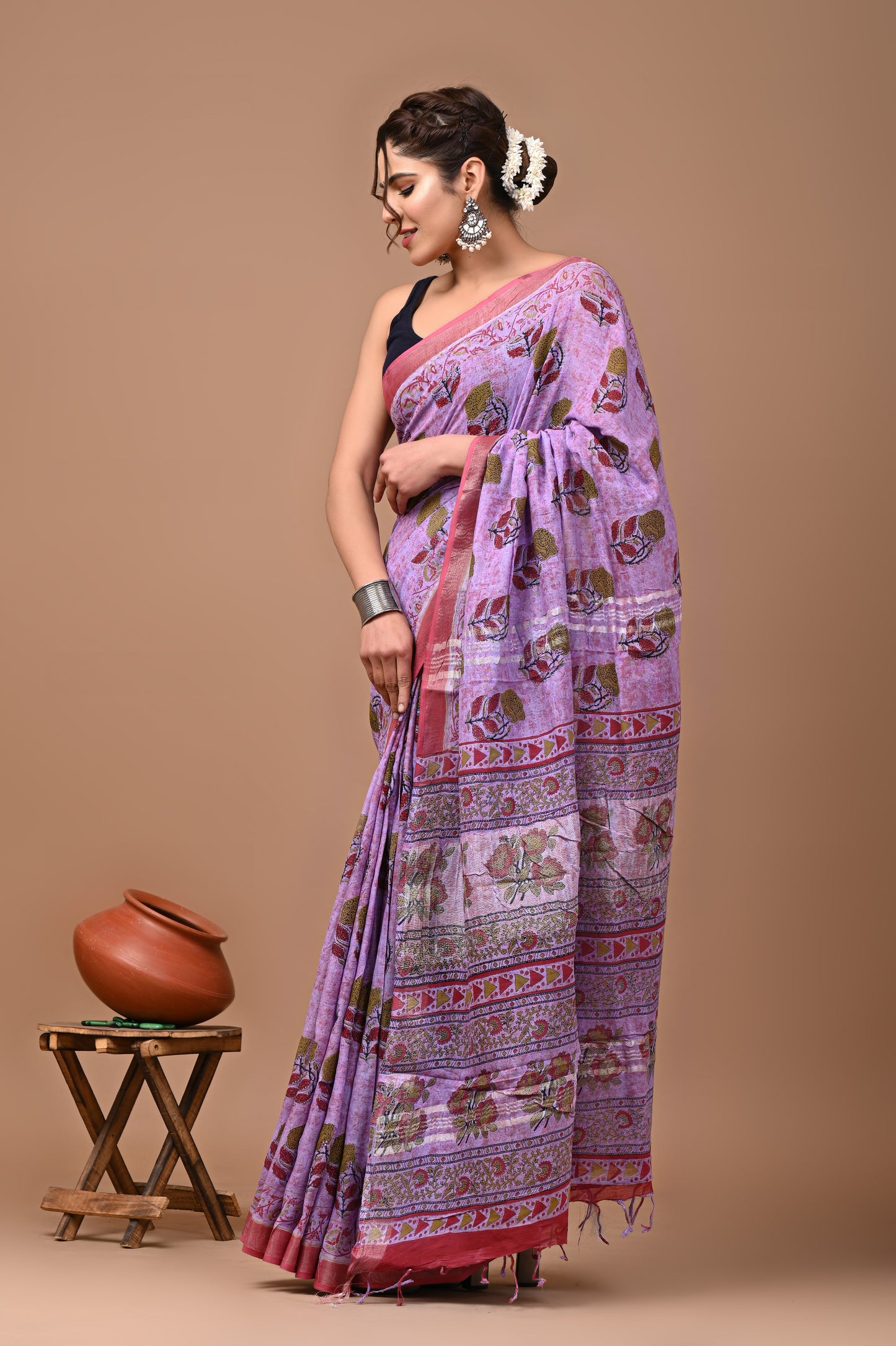 Block Printed Cotton linen Saree With Unstiched Blouse