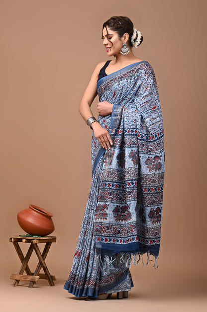 Block Printed Cotton linen Saree With Unstiched Blouse