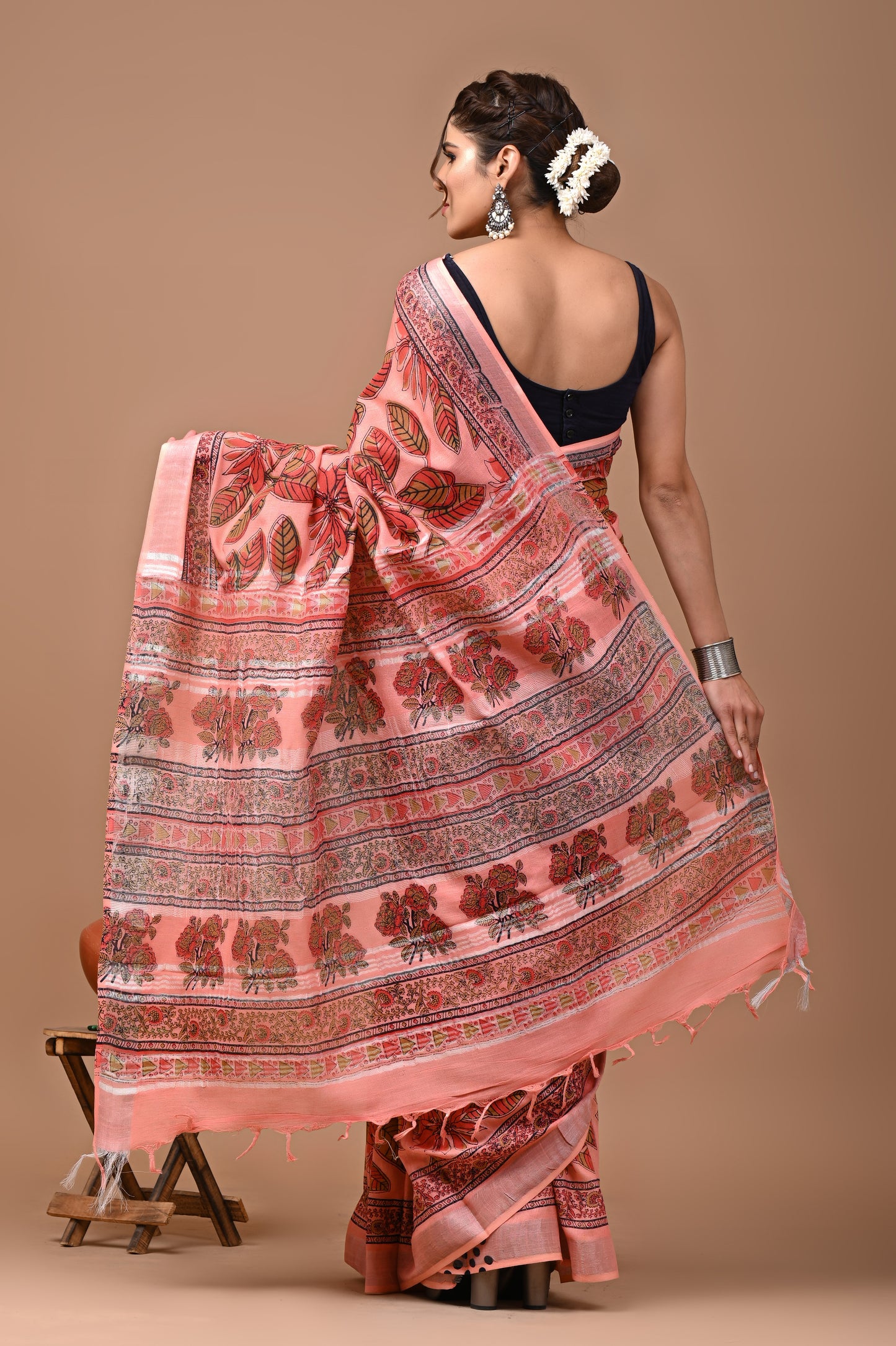 Block Printed Cotton linen Saree With Unstiched Blouse