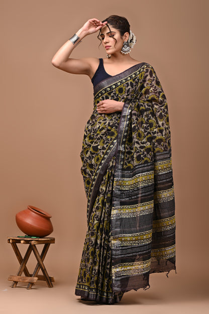 Block Printed Cotton linen Saree With Unstiched Blouse