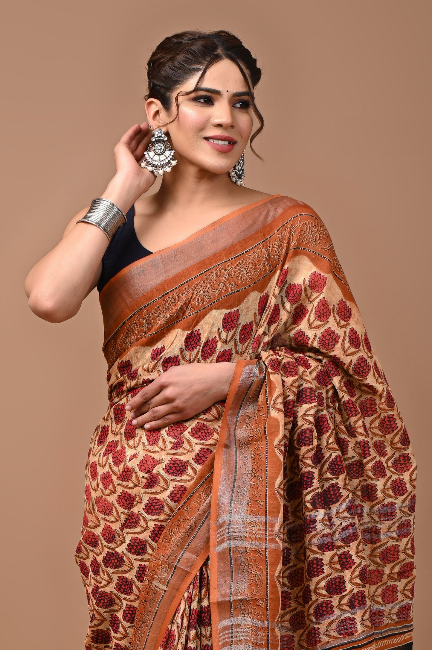 Block Printed Cotton linen Saree With Unstiched Blouse