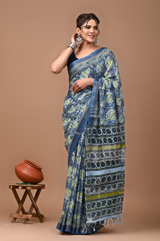 Block Printed Cotton linen Saree With Unstiched Blouse