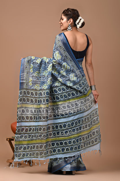 Block Printed Cotton linen Saree With Unstiched Blouse