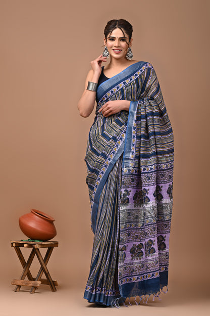 Block Printed Cotton linen Saree With Unstiched Blouse