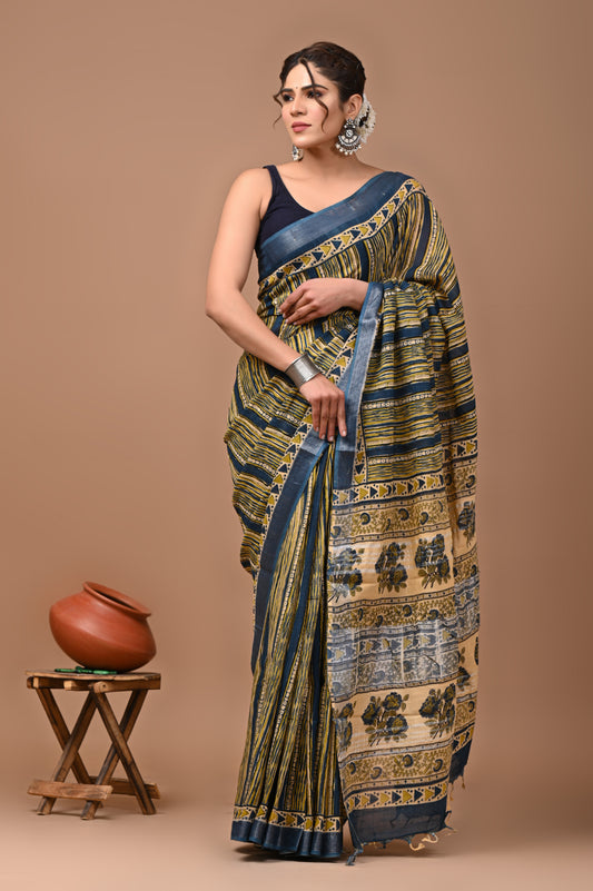 Block Printed Cotton linen Saree With Unstiched Blouse