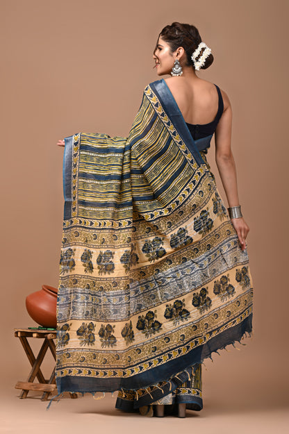 Block Printed Cotton linen Saree With Unstiched Blouse