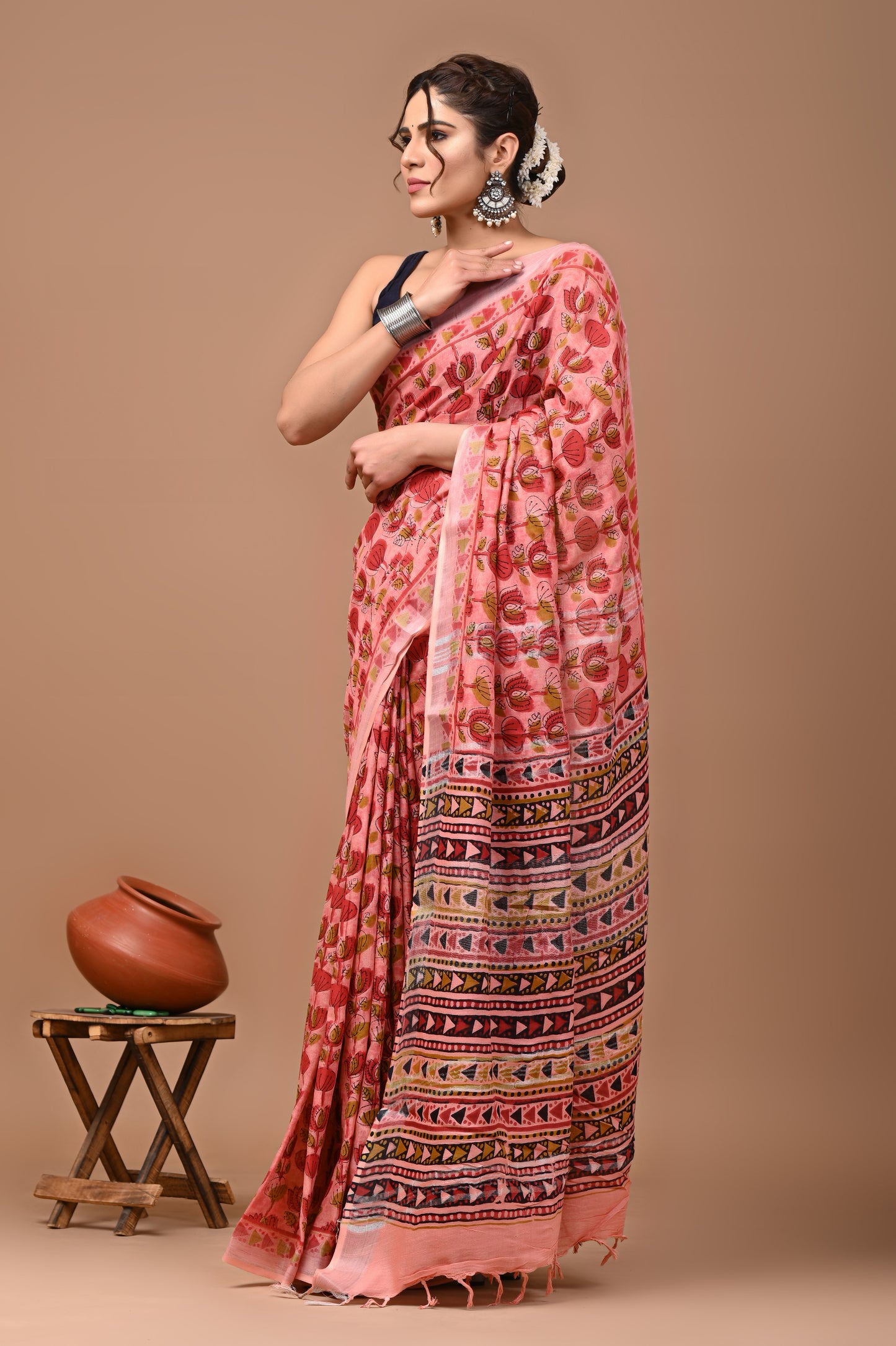 Block Printed Cotton linen Saree With Unstiched Blouse