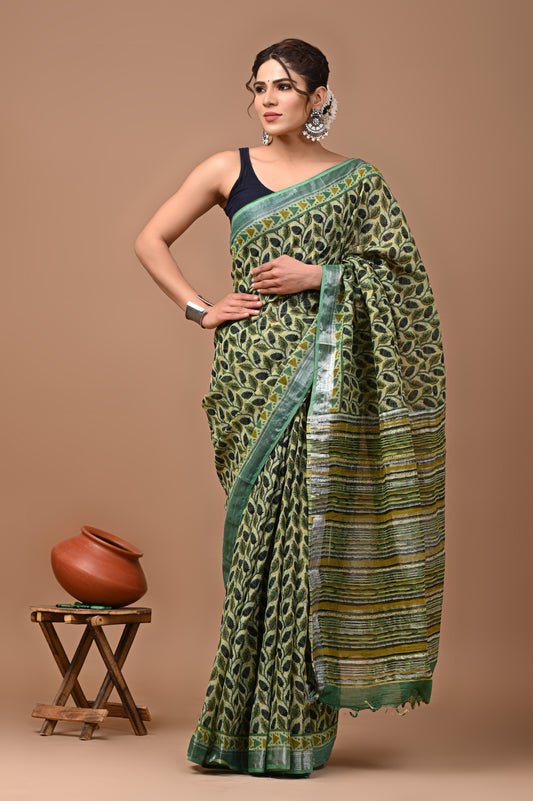 Block Printed Cotton linen Saree With Unstiched Blouse