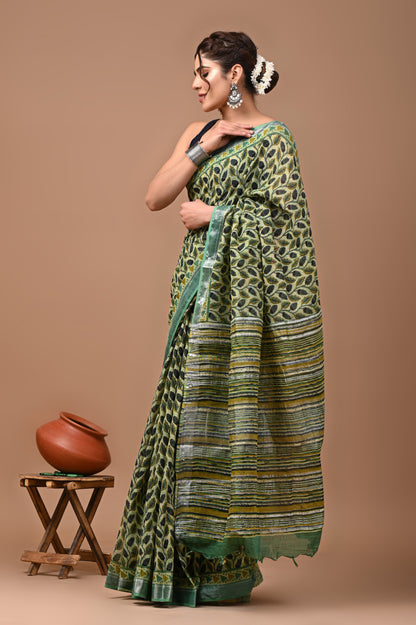 Block Printed Cotton linen Saree With Unstiched Blouse