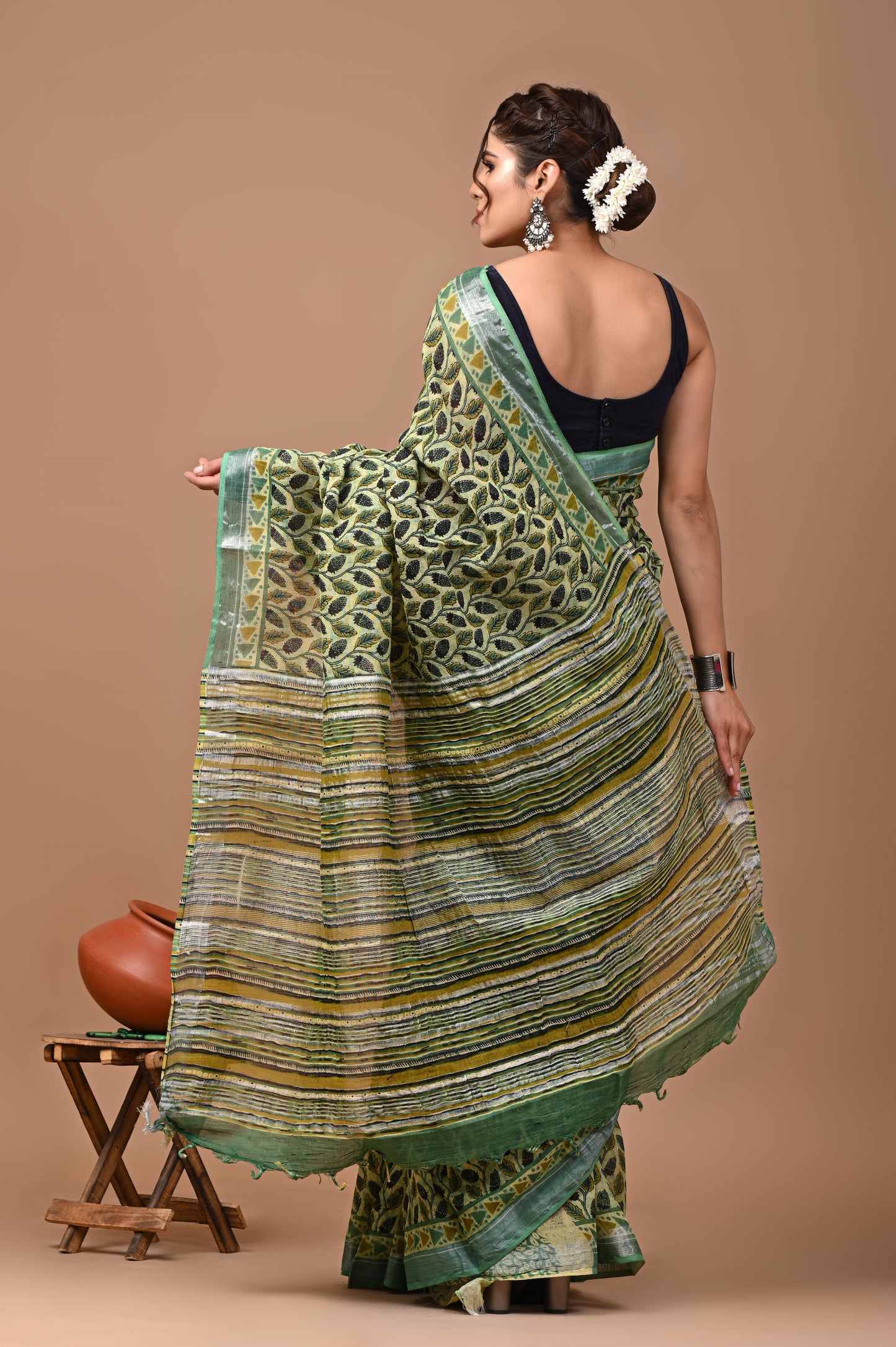 Block Printed Cotton linen Saree With Unstiched Blouse