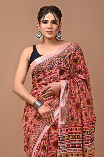 Block Printed Cotton linen Saree With Unstiched Blouse