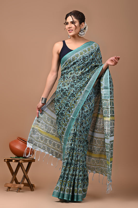 Block Printed Cotton linen Saree With Unstiched Blouse