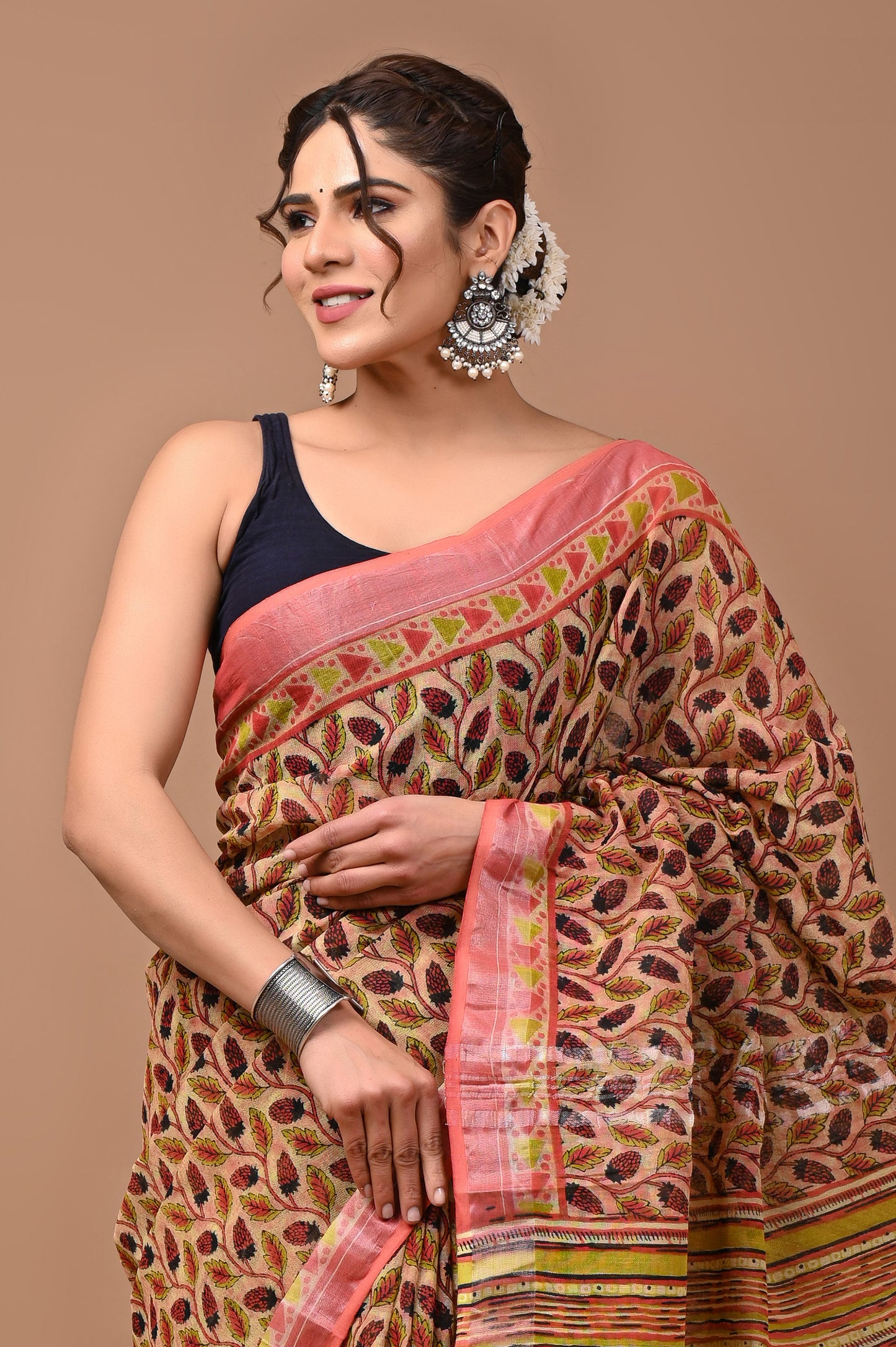 Block Printed Cotton linen Saree With Unstiched Blouse