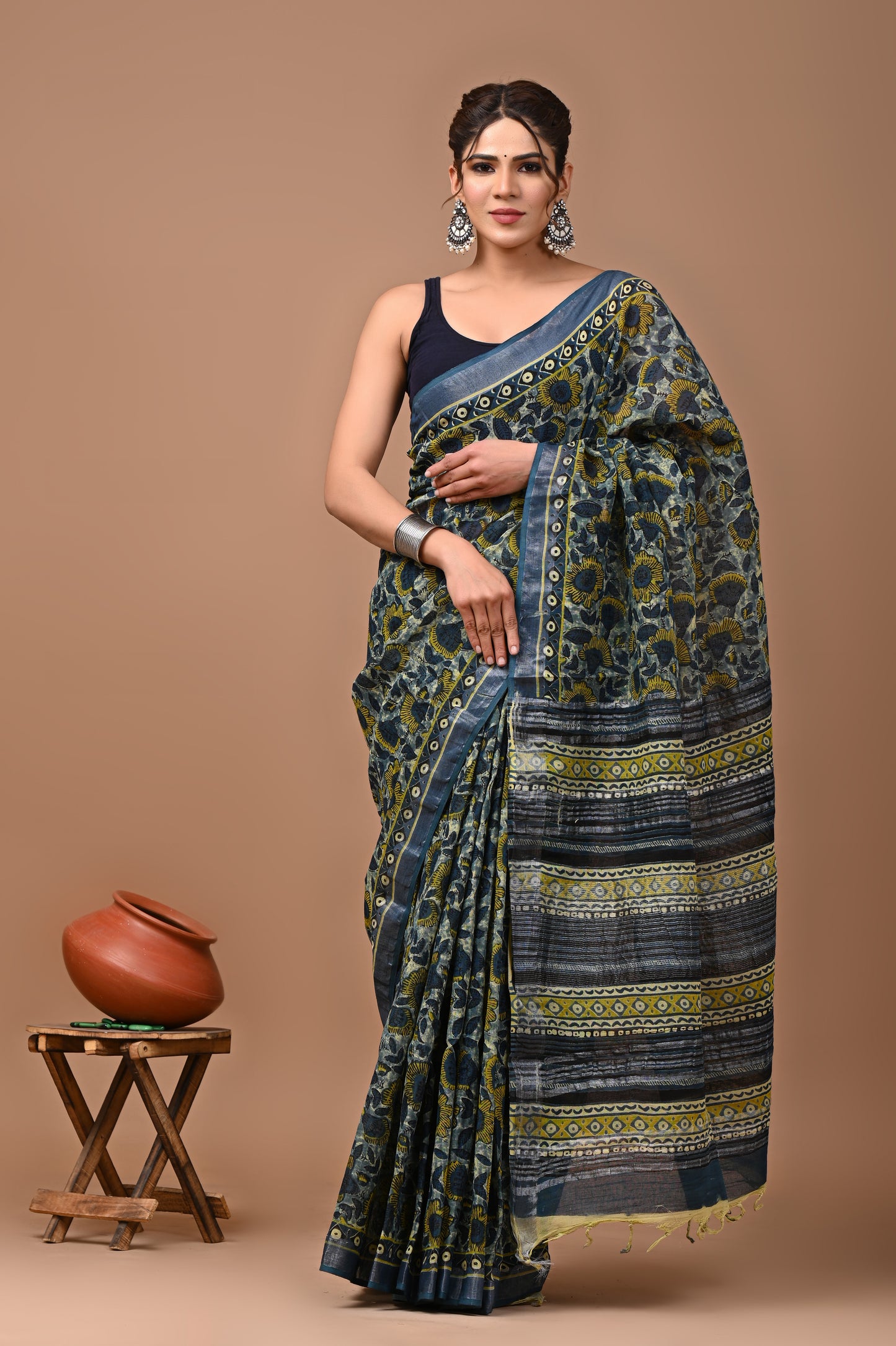 Block Printed Cotton linen Saree With Unstiched Blouse