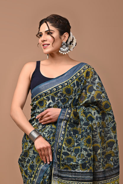 Block Printed Cotton linen Saree With Unstiched Blouse