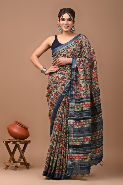 Block Printed Cotton linen Saree With Unstiched Blouse