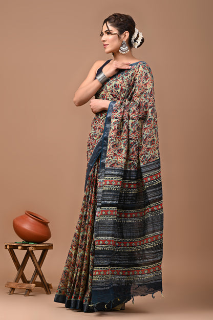 Block Printed Cotton linen Saree With Unstiched Blouse