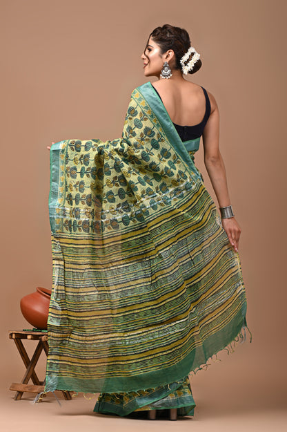 Block Printed Cotton linen Saree With Unstiched Blouse