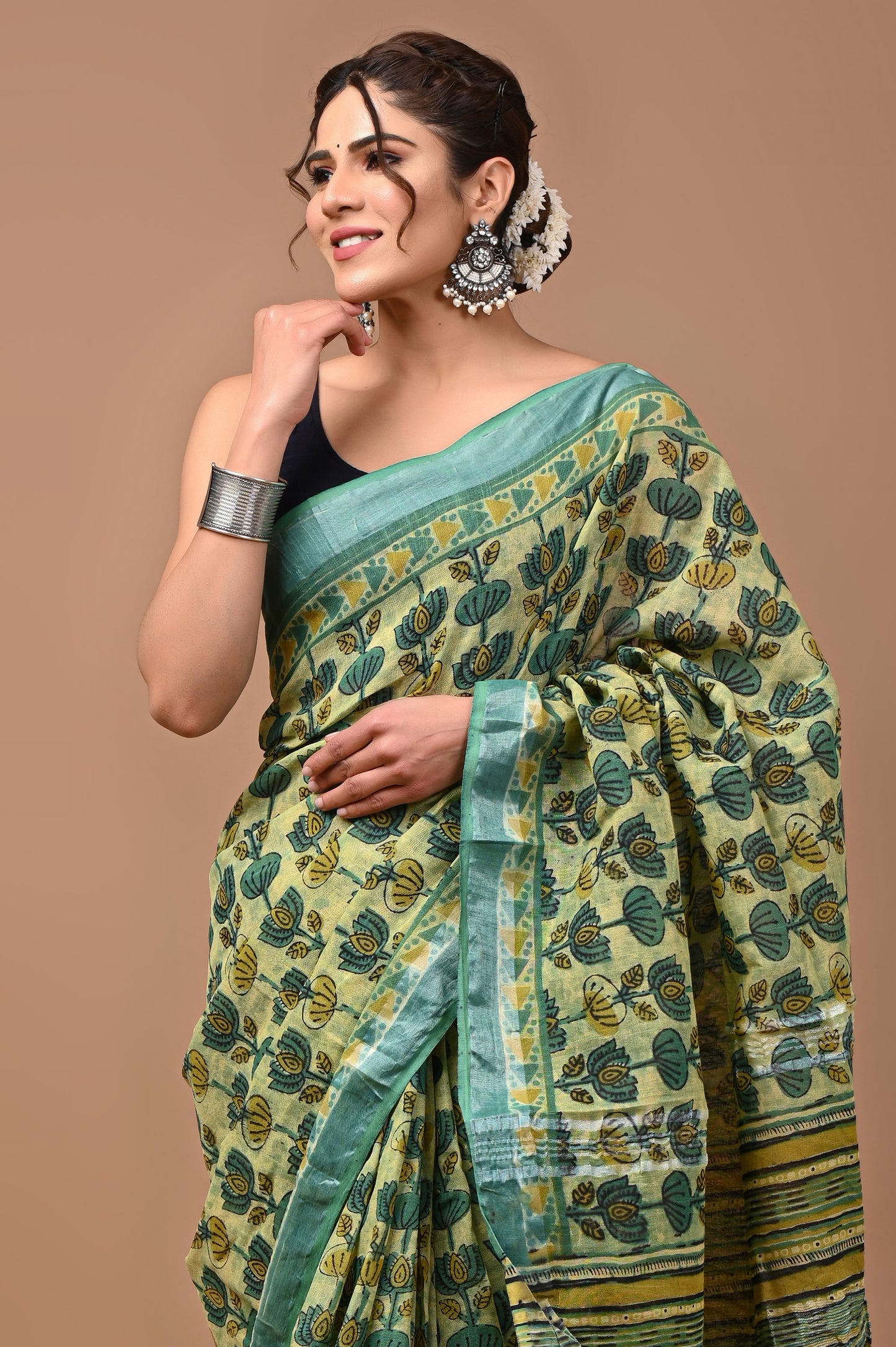 Block Printed Cotton linen Saree With Unstiched Blouse