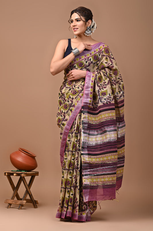 Block Printed Cotton linen Saree With Unstiched Blouse