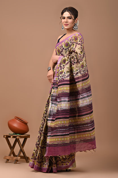 Block Printed Cotton linen Saree With Unstiched Blouse