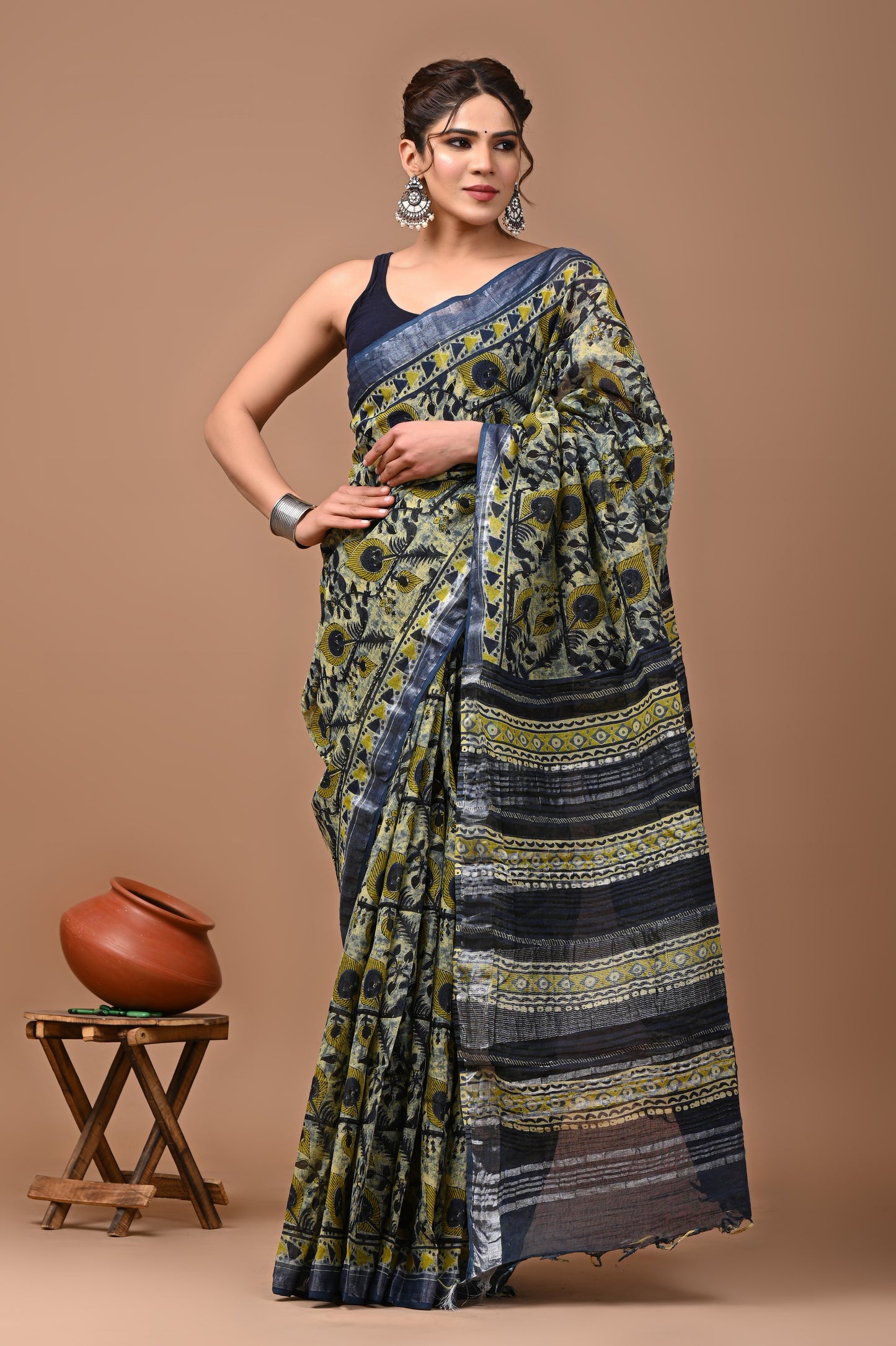 Block Printed Cotton linen Saree With Unstiched Blouse