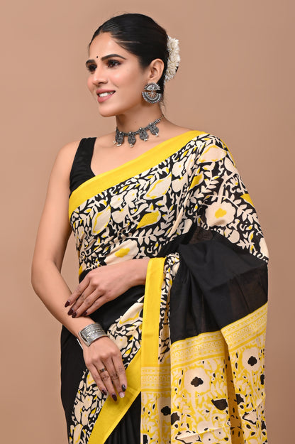 Jaipuri Printed Pure Cotton Mulmul Saree With Blouse