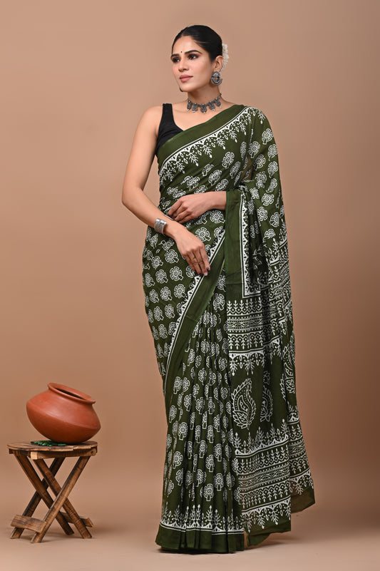 Jaipuri Printed Pure Cotton Mulmul Saree With Blouse