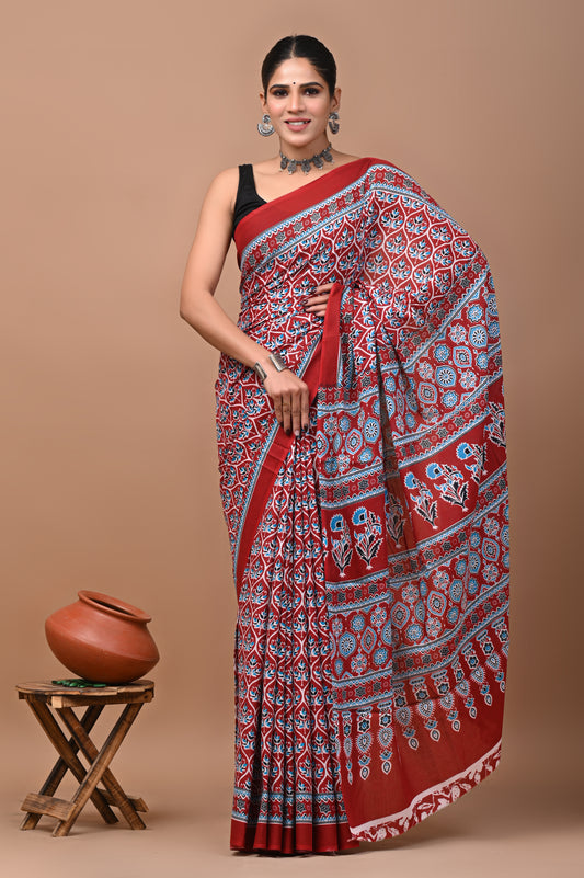 Jaipuri Printed Pure Cotton Mulmul Saree With Blouse