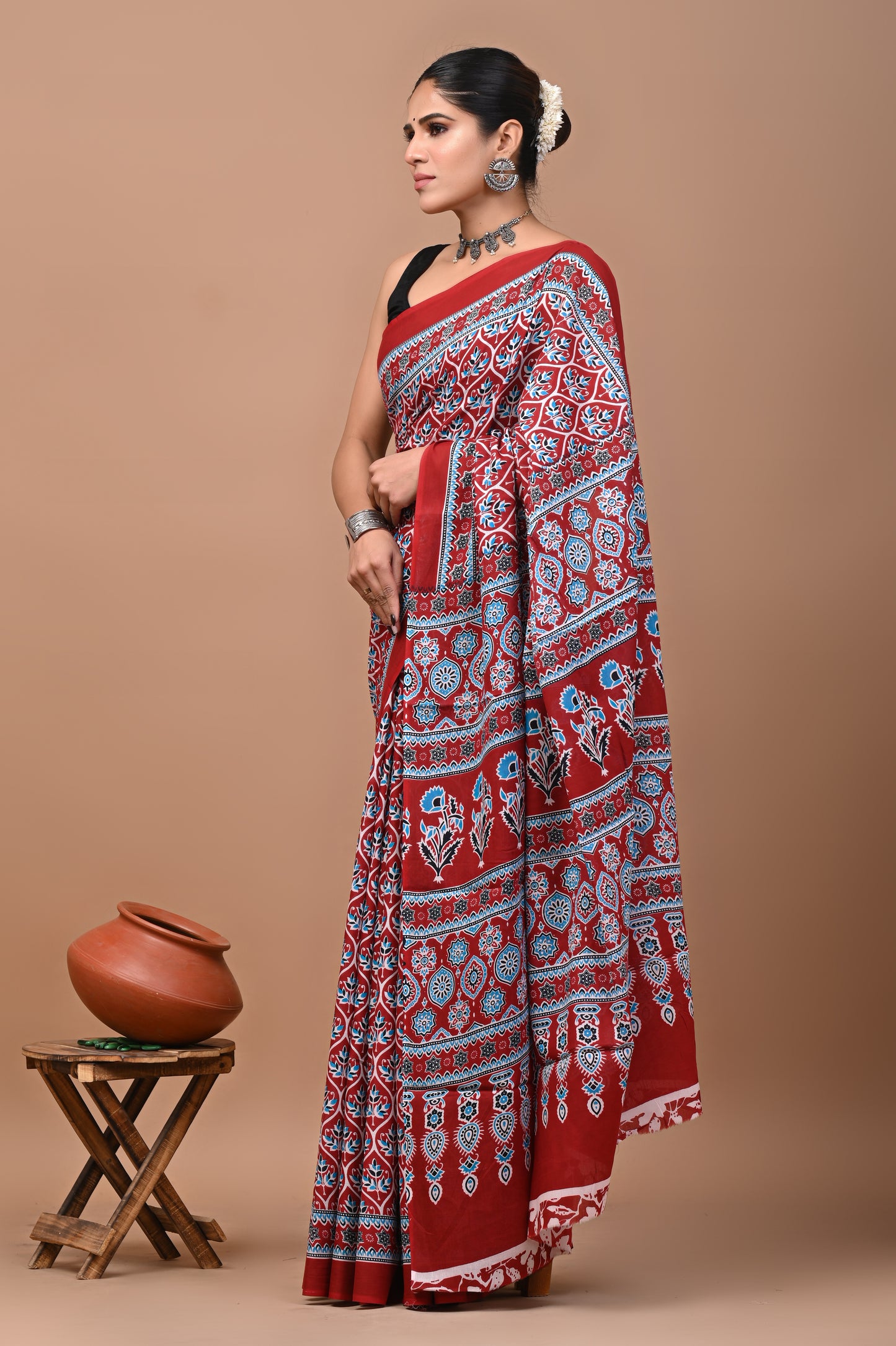 Jaipuri Printed Pure Cotton Mulmul Saree With Blouse