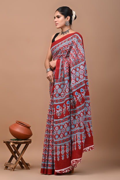 Jaipuri Printed Pure Cotton Mulmul Saree With Blouse