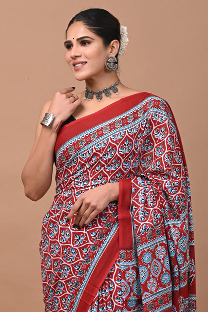 Jaipuri Printed Pure Cotton Mulmul Saree With Blouse